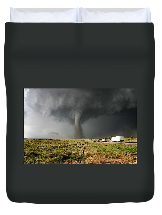 Atmosphere Duvet Cover featuring the photograph Supercell And Trucks by Jason Persoff Stormdoctor