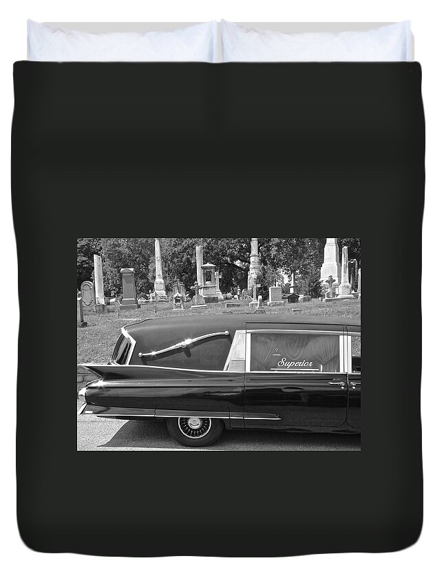 Superior Hearse Laurel Hill Cemetary Philadelphia Pa Car Show Black White Duvet Cover featuring the photograph Superior by Alice Gipson