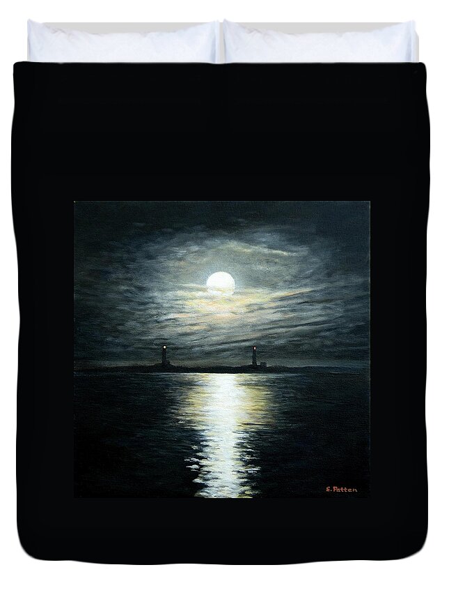 Moon Duvet Cover featuring the painting Supermoon Rising over Thacher Island by Eileen Patten Oliver