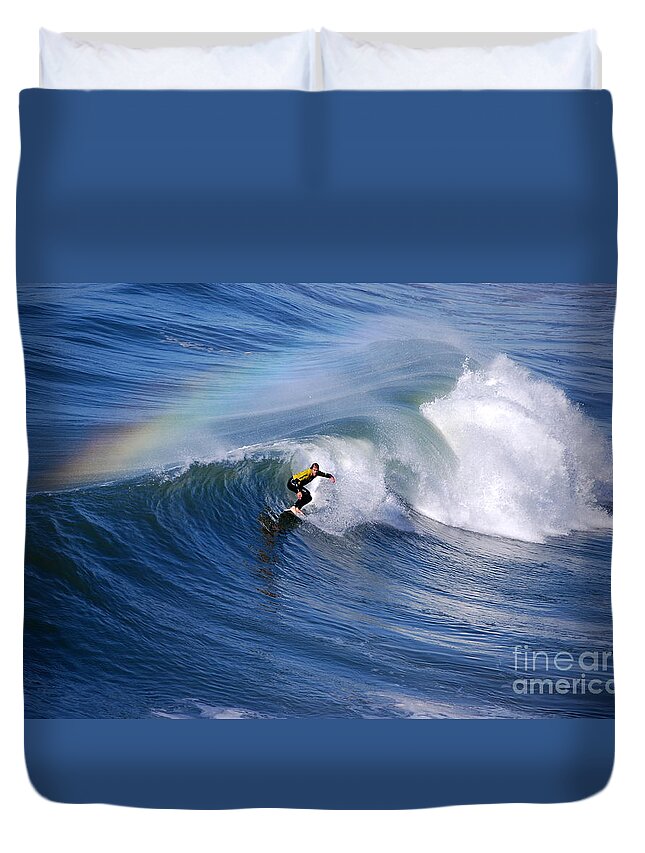 Rainbow Duvet Cover featuring the photograph Surfing Under a Rainbow by Catherine Sherman
