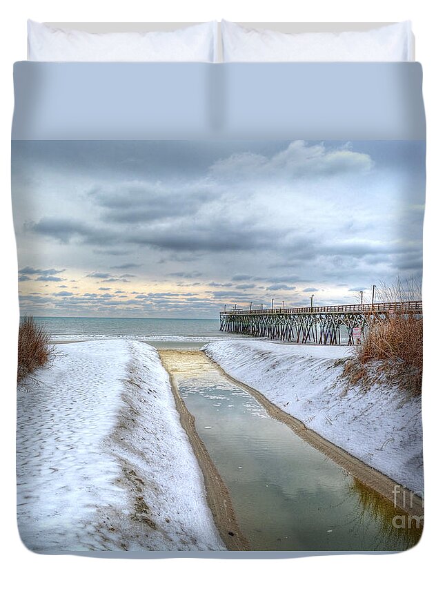 Beach Duvet Cover featuring the photograph Surfside Beach Pier Ice Storm by Kathy Baccari