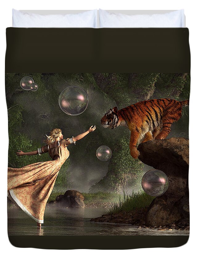 Tiger Art Duvet Cover featuring the digital art Surreal Tiger Bubble Waterdancer Dream by Daniel Eskridge
