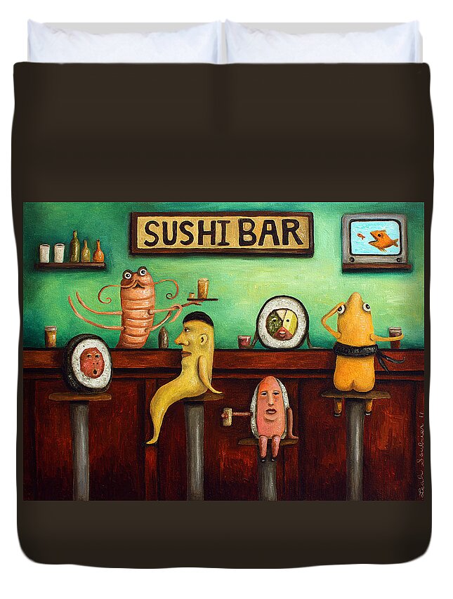 Sushi Duvet Cover featuring the painting Sushi Bar Improved Image by Leah Saulnier The Painting Maniac