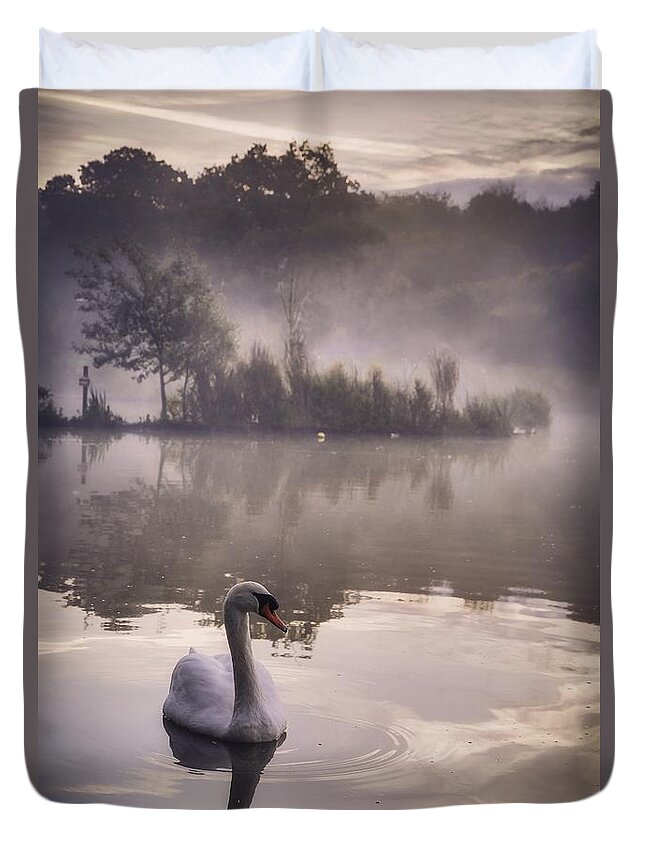 Animal Themes Duvet Cover featuring the photograph Swan In The Morning Mist by Verity E. Milligan