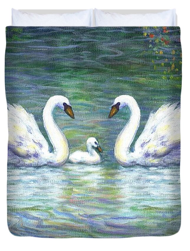 Swans Duvet Cover featuring the painting Swans and Baby by Linda Mears