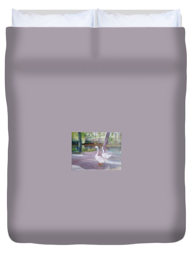 Swans Duvet Cover featuring the painting Swans at Smithville Park by Sheila Mashaw