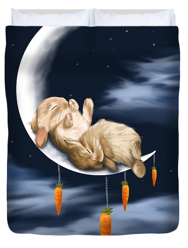 Bunnies Duvet Cover featuring the painting Sweet dreams by Veronica Minozzi