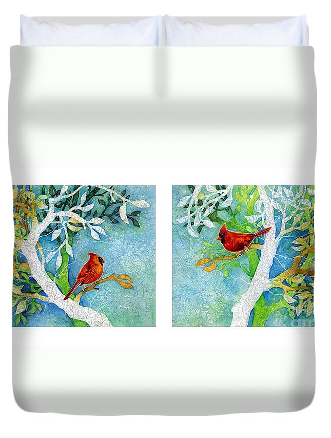Northern Cardinal Duvet Cover featuring the painting Sweet Memories Diptych by Hailey E Herrera