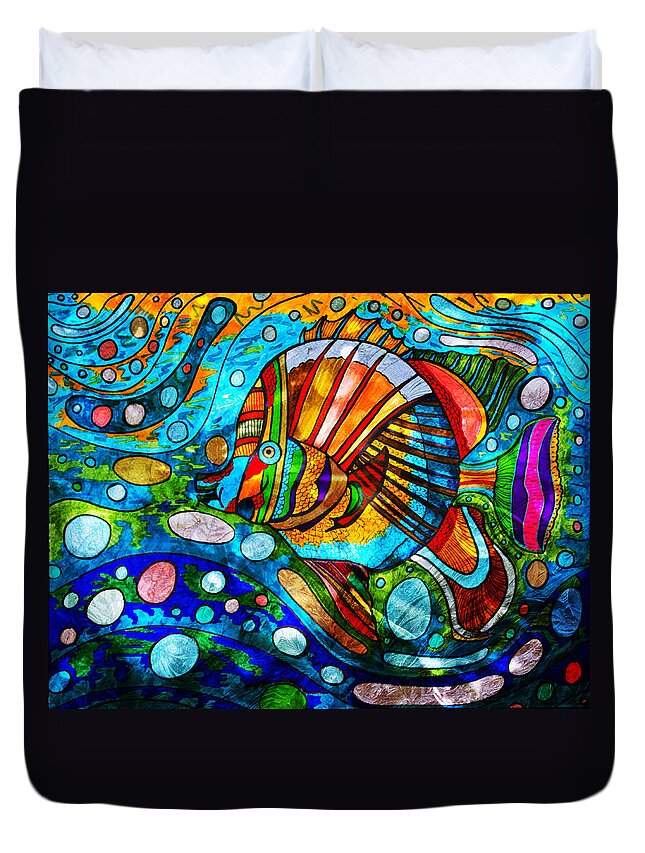 Fish Duvet Cover featuring the painting Swim Little Fishy Swim - Colorful Abstract Fish by Marie Jamieson