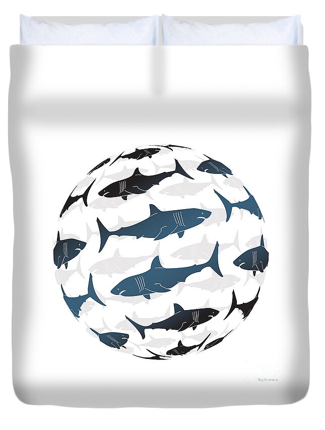 Shark Duvet Cover featuring the painting Swimming Blue Sharks Around The Globe by Amy Kirkpatrick