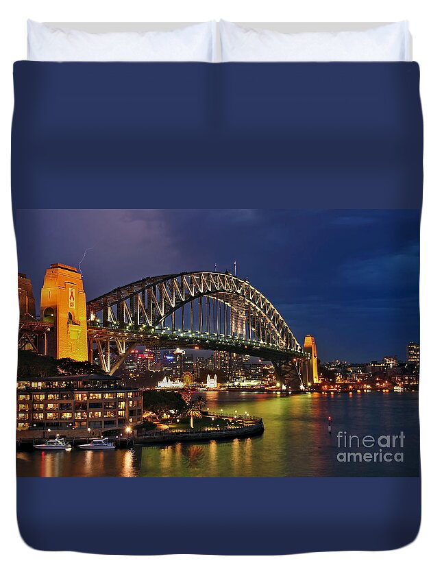 Sydney Harbour Bridge By Night Duvet Cover featuring the photograph Sydney Harbour Bridge by Night by Kaye Menner