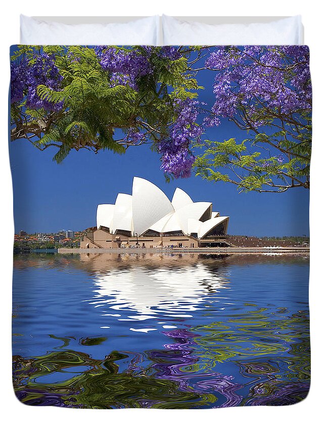 Sydney Opera House Duvet Cover featuring the photograph Sydney Opera House with jacaranda reflection by Sheila Smart Fine Art Photography