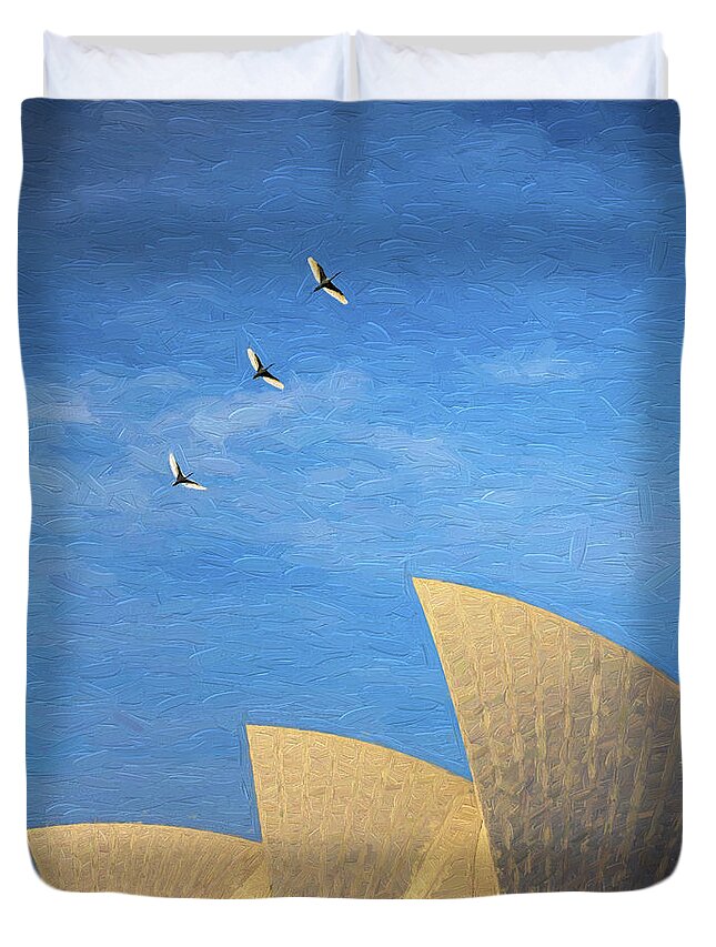 Sydney Opera House Duvet Cover featuring the photograph Sydney Opera House with sacred ibis by Sheila Smart Fine Art Photography