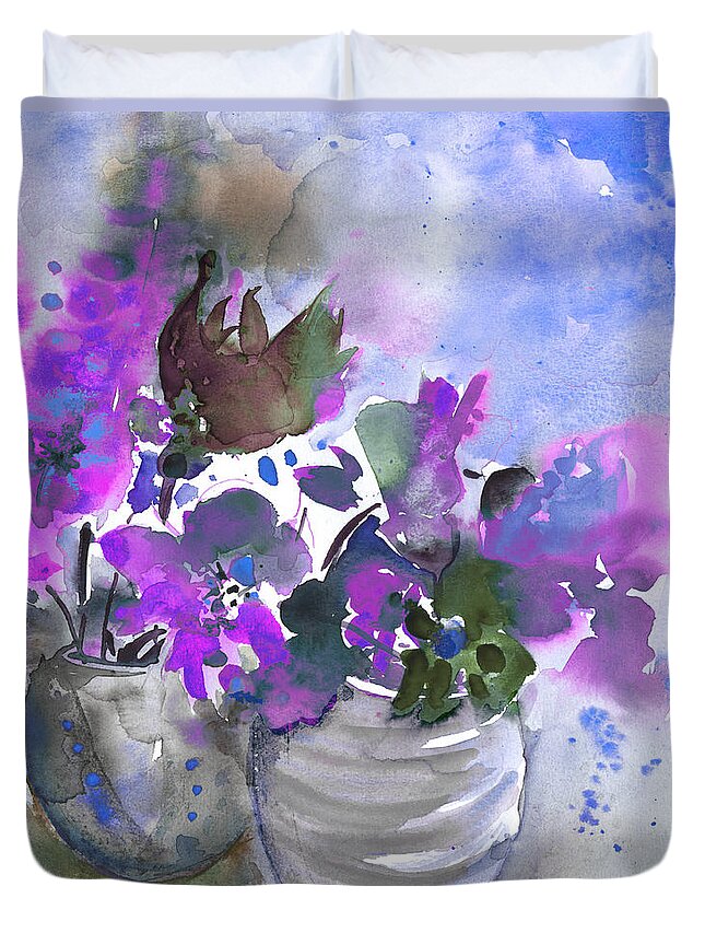 Flowers Duvet Cover featuring the painting Symphony in Blue and Purple by Miki De Goodaboom