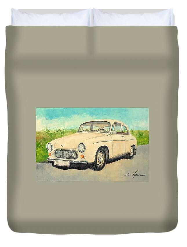 Syrena Duvet Cover featuring the painting Syrena 105 - polish car by Luke Karcz