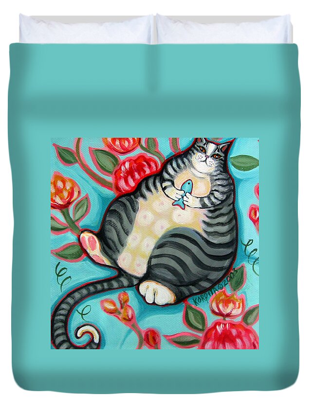 Rebecca Korpita Duvet Cover featuring the painting Tabby Cat on a Cushion by Rebecca Korpita