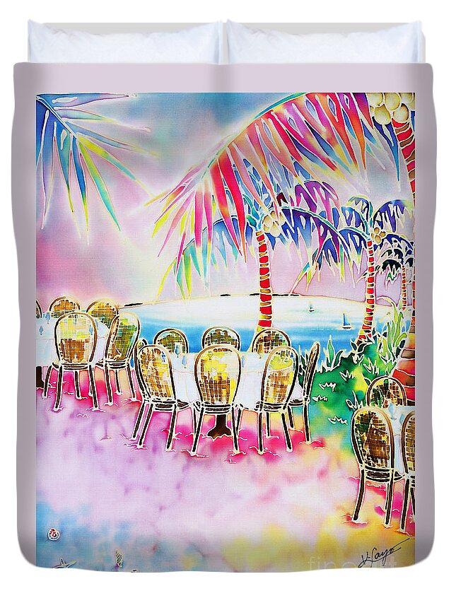 Dinner Duvet Cover featuring the painting Tables on the beach by Hisayo OHTA