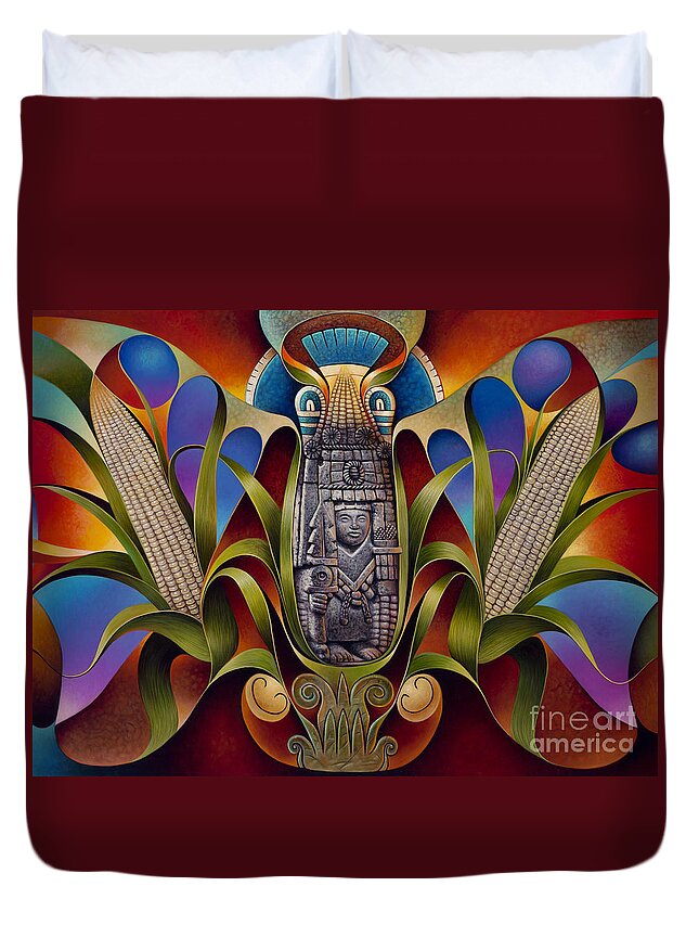 Aztec Duvet Cover featuring the painting Tapestry of Gods - Chicomecoatl by Ricardo Chavez-Mendez