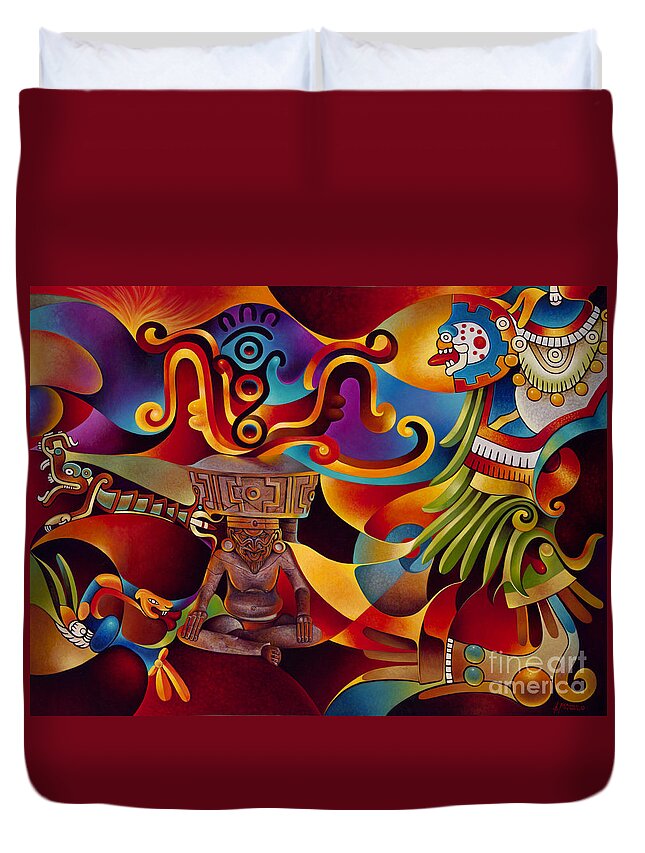 Aztec Duvet Cover featuring the painting Tapestry of Gods - Huehueteotl by Ricardo Chavez-Mendez