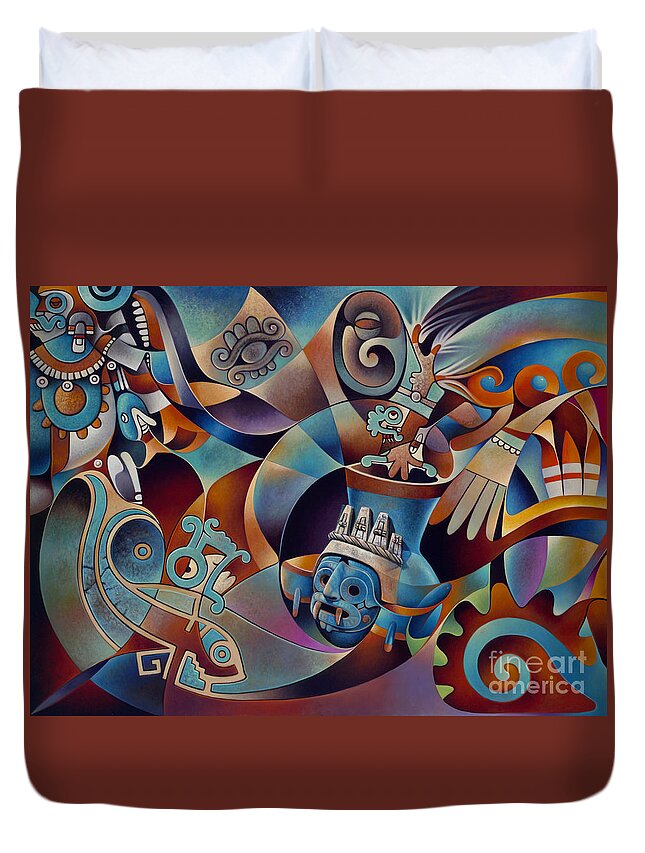 Aztec Duvet Cover featuring the painting Tapestry of Gods - Tlaloc by Ricardo Chavez-Mendez