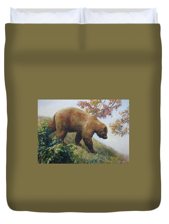 Bear Duvet Cover featuring the painting Tasty Raspberries for Our Bear by Svitozar Nenyuk