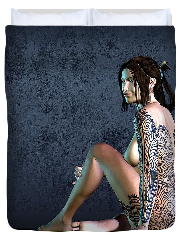  Duvet Cover featuring the digital art Tattooed Nude 3 by Kaylee Mason