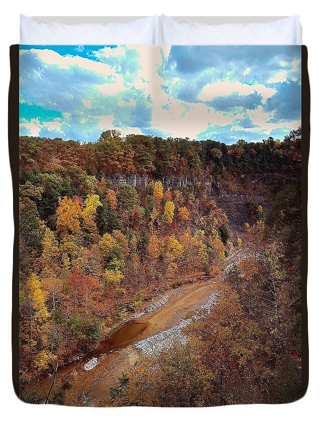 Taughannock Duvet Cover featuring the painting Taughannock River Canyon In Colorful Fall Ithaca New York V by Paul Ge