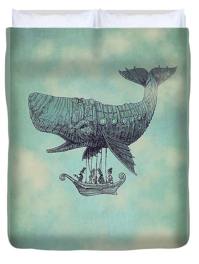 Whale Duvet Cover featuring the drawing Tea at Two Thousand Feet by Eric Fan