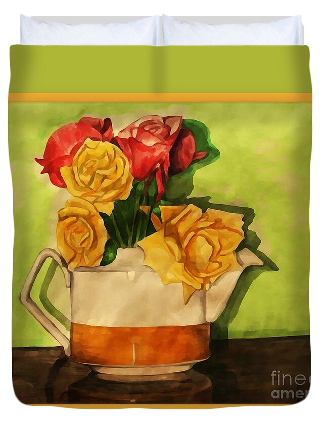 Tea Roses Duvet Cover featuring the painting Tea Roses Bordered by Joan-Violet Stretch