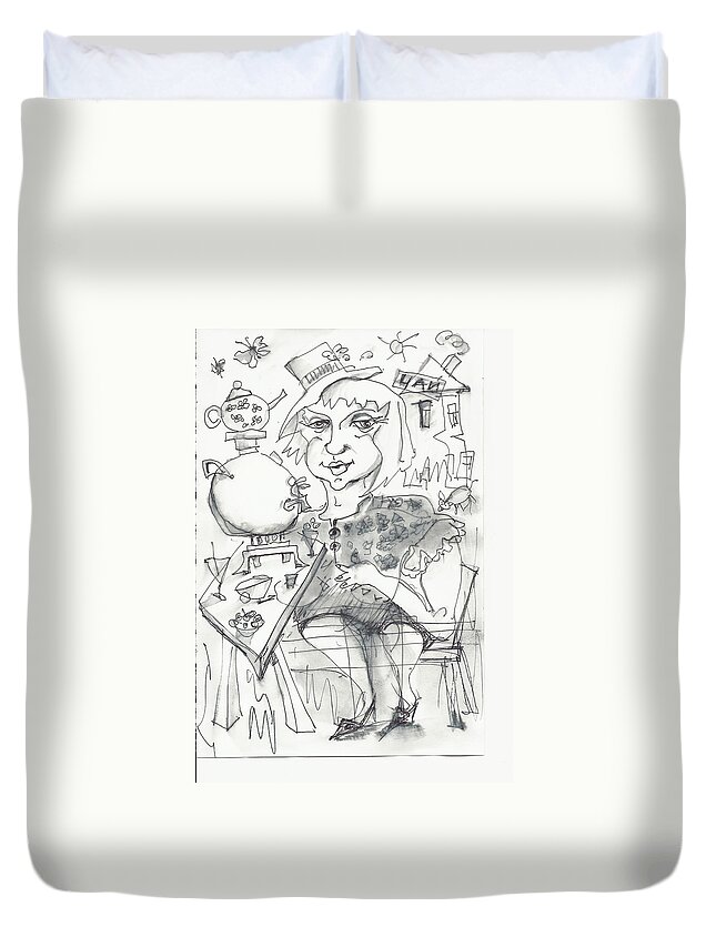 Caricature Duvet Cover featuring the painting Tea time 4 by Maxim Komissarchik