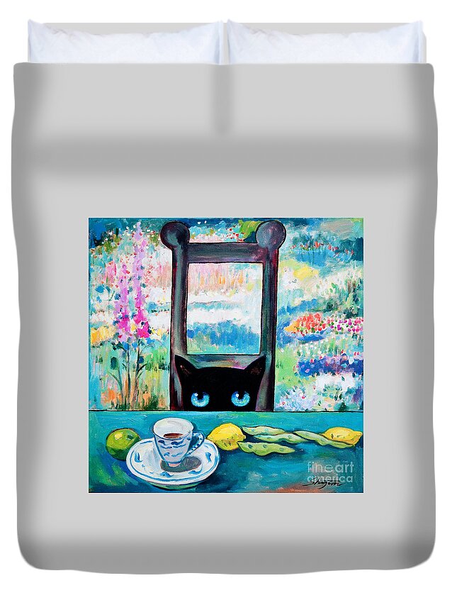 Cat Duvet Cover featuring the painting Tea Time Kitty by Shijun Munns