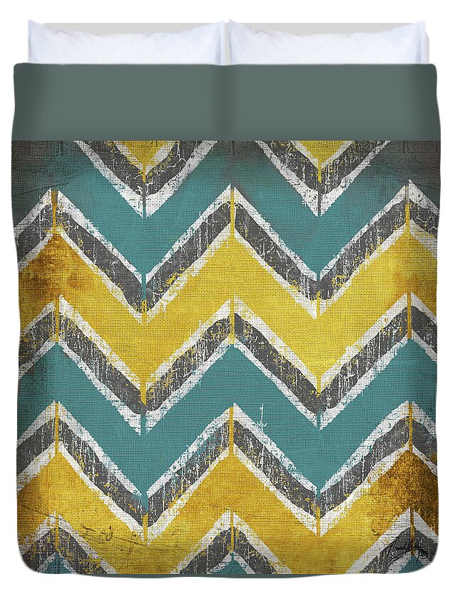 Teal Duvet Cover featuring the painting Teal and Gold Modele I by Elizabeth Medley
