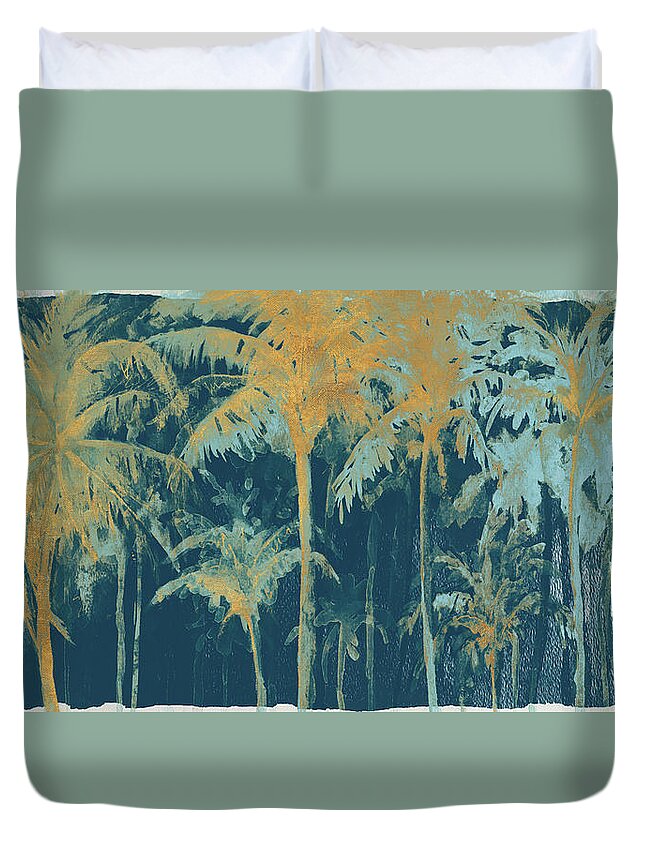 Teal Duvet Cover featuring the painting Teal And Gold Palms by Patricia Pinto