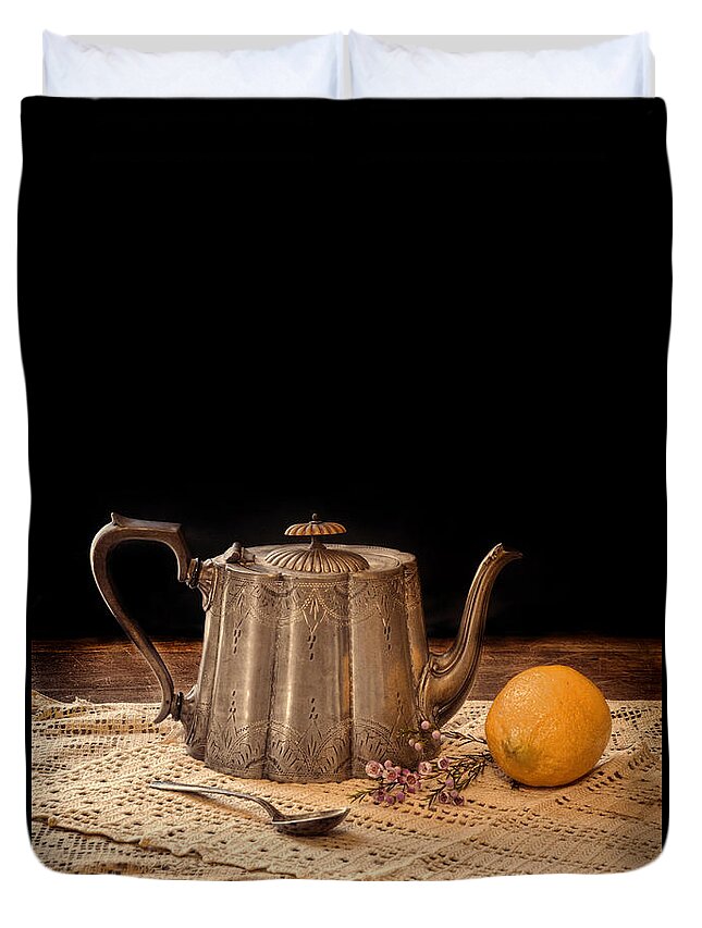 Tea Duvet Cover featuring the photograph Teapot with Lemon by Jill Battaglia