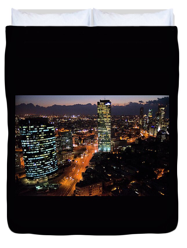 Tranquility Duvet Cover featuring the photograph Tel Aviv At Night by Dan Lazar