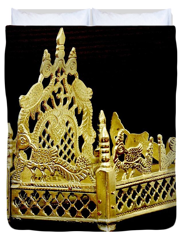 Brass Filigree Work Duvet Cover featuring the photograph Temple Art - Brass Handicraft by Ramabhadran Thirupattur