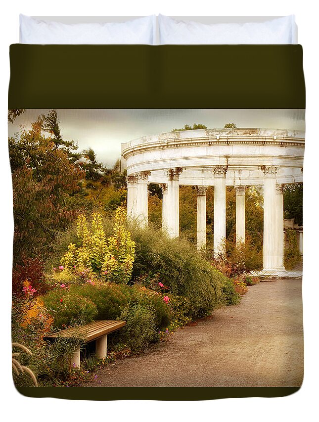 Untermyer Garden Duvet Cover featuring the photograph Temple of the Sky in Autumn by Jessica Jenney