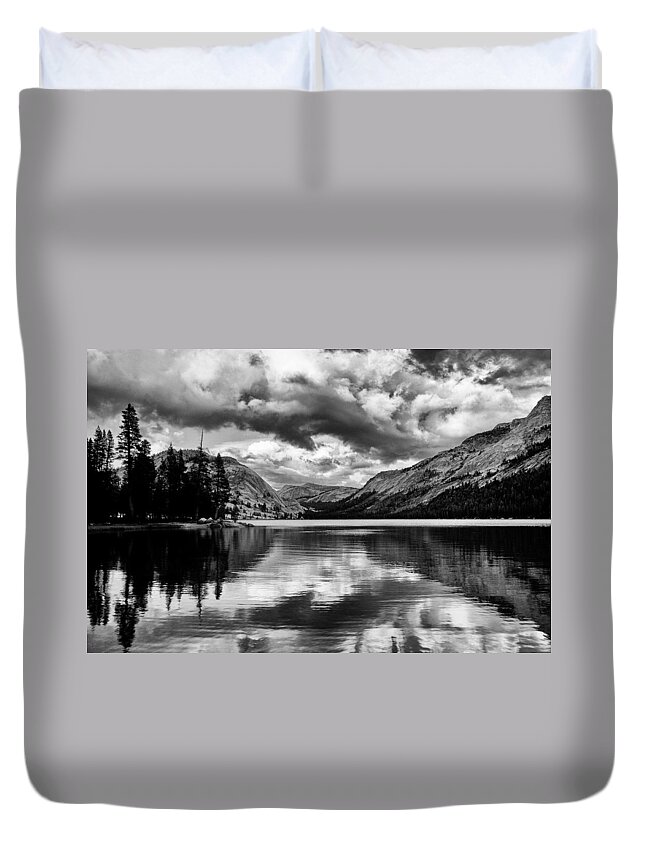 Water Lake Reflection Mountains Yosemite National Park Sierra Nevada Landscape Scenic Nature California Sky Clouds Trees Rock Granite Black White Duvet Cover featuring the photograph Tenaya in Black and White by Cat Connor