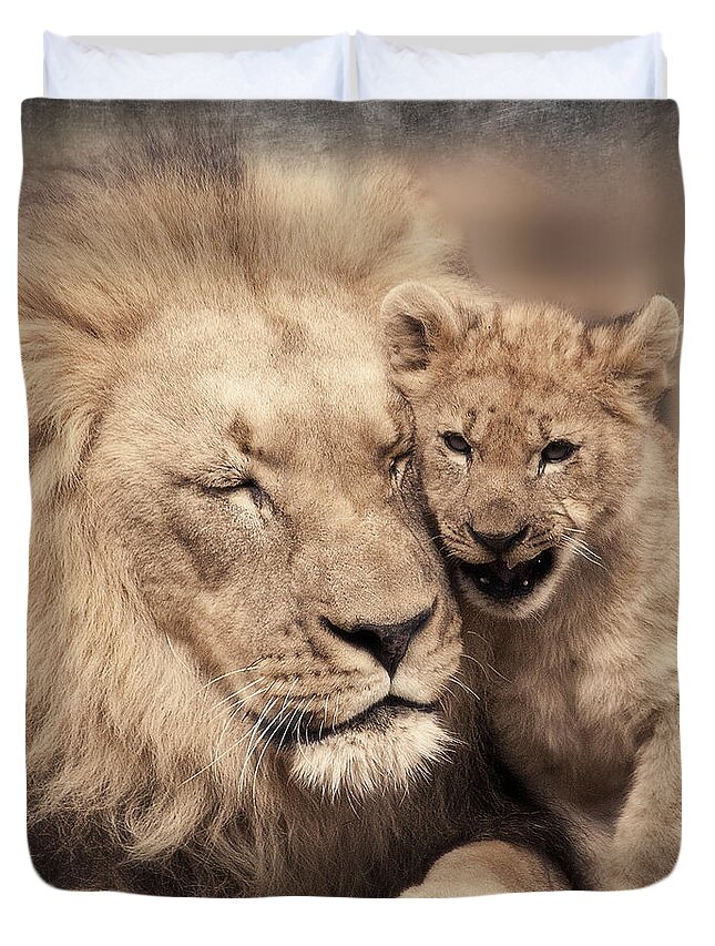 Lion Duvet Cover featuring the photograph Tenderness by Christine Sponchia