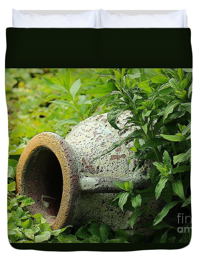 Nature Duvet Cover featuring the photograph Terracotta vase in the green by Amanda Mohler