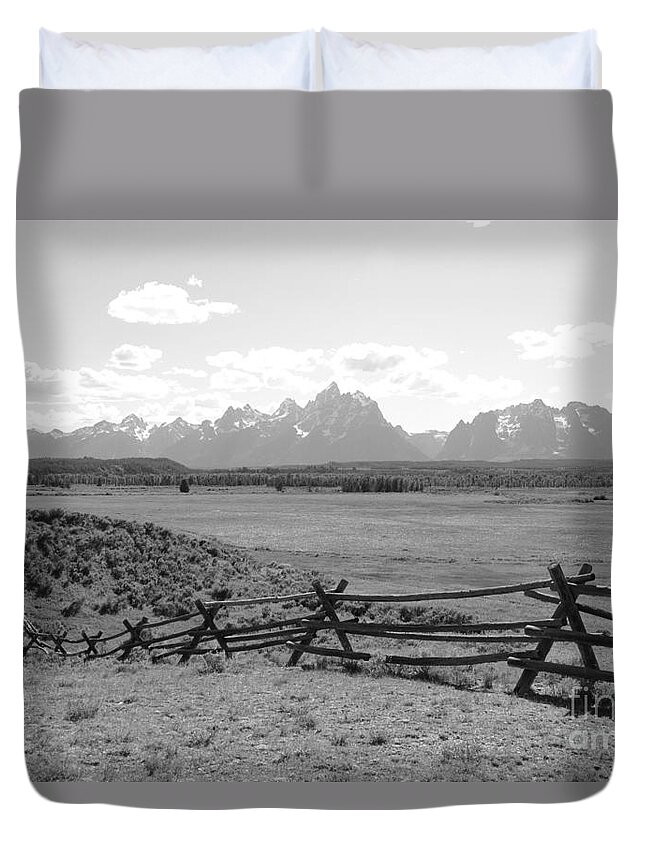 Tetons Duvet Cover featuring the photograph Teton Landscape with Fence - Black and White by Carol Groenen