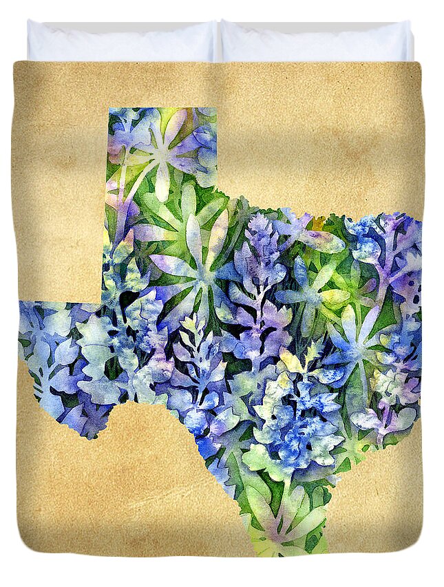 Texas Duvet Cover featuring the painting Texas Blues Texas Map by Hailey E Herrera