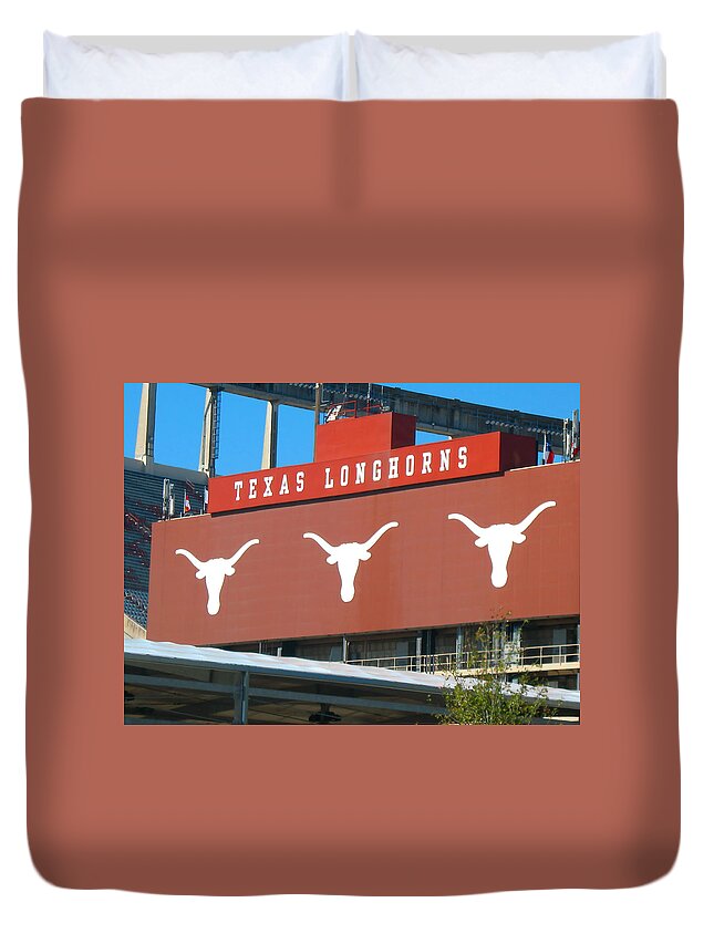 Texas Memorial Stadium Duvet Cover featuring the photograph Texas Longhorns Sign by Connie Fox
