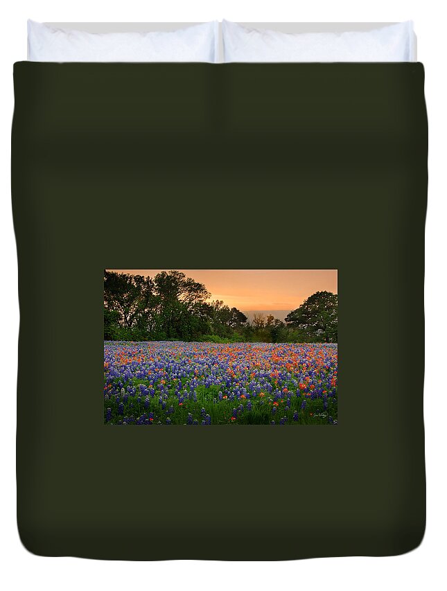 Bluebonnets Duvet Cover featuring the photograph Texas Sunset - Bluebonnet Landscape Wildflowers by Jon Holiday