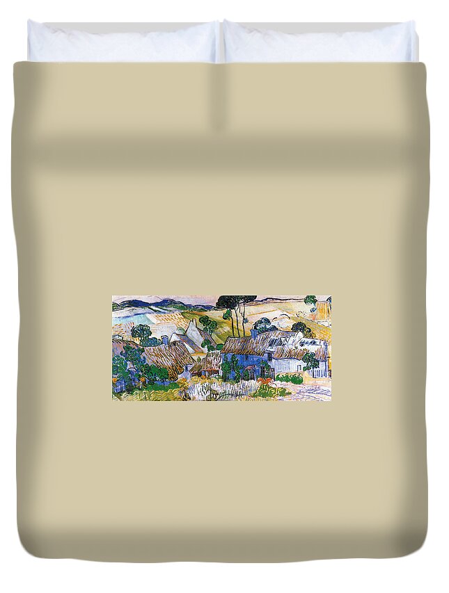 Thatched Houses In Front Of A Hill Duvet Cover featuring the digital art Thatched Houses by Vincent Van Gogh