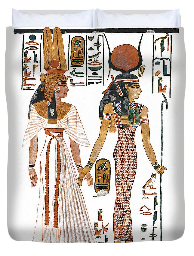 Ancient Egyptian Goddess Duvet Cover featuring the painting The Ancient Egyptian Goddess Isis leading Queen Nefertari by Ben Morales-Correa