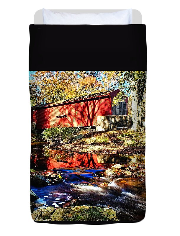 American Duvet Cover featuring the photograph The Bartram Coverd Bridge by Nick Zelinsky Jr