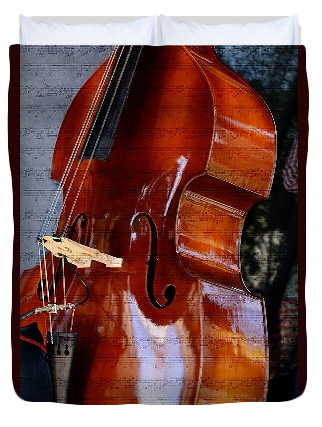 Bass Fiddle Duvet Cover featuring the mixed media The Bass of Music by Kae Cheatham