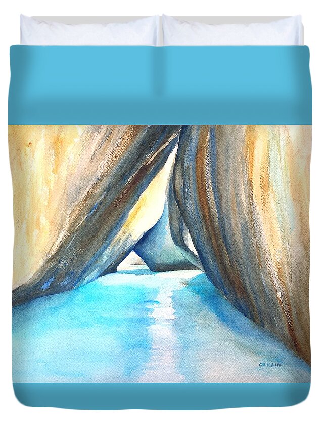 The Baths Duvet Cover featuring the painting The Baths Azul by Carlin Blahnik CarlinArtWatercolor