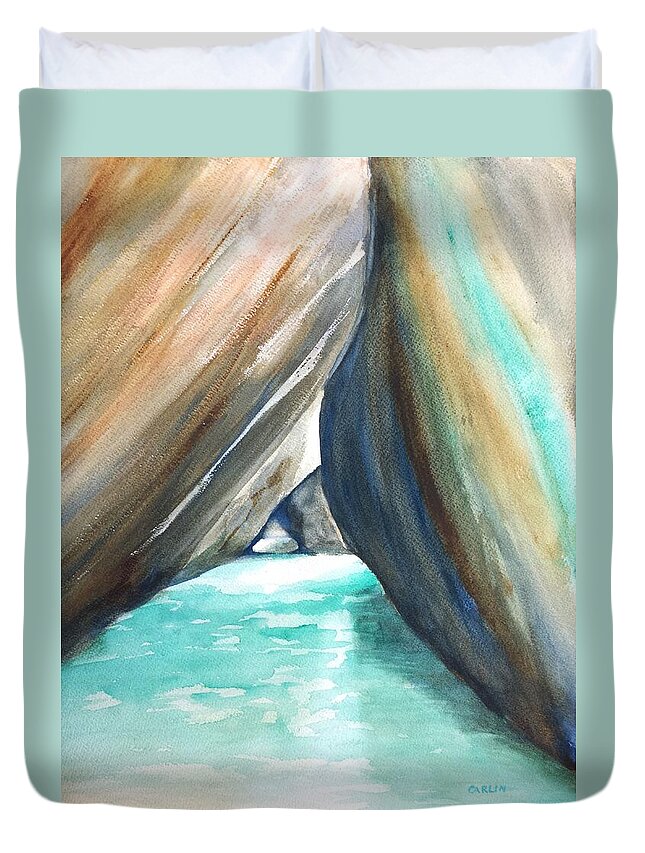 The Baths Duvet Cover featuring the painting The Baths Turquoise by Carlin Blahnik CarlinArtWatercolor